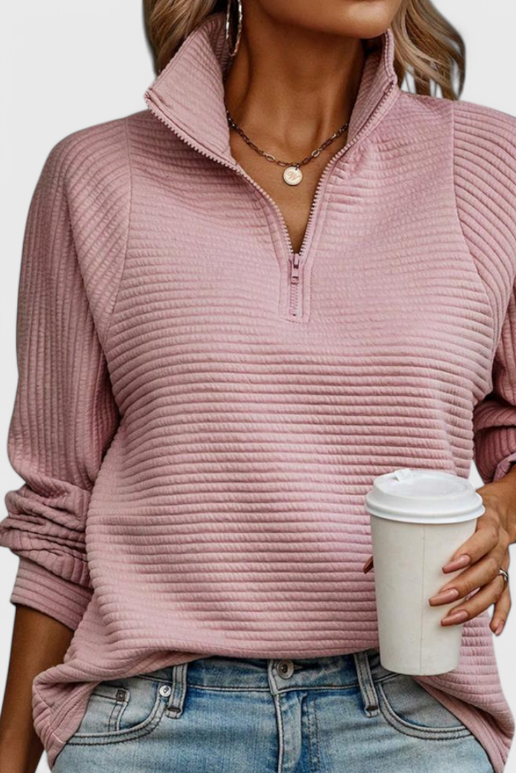 Helene | Sweater med V-hals og Lynlås og Lange Ærmer