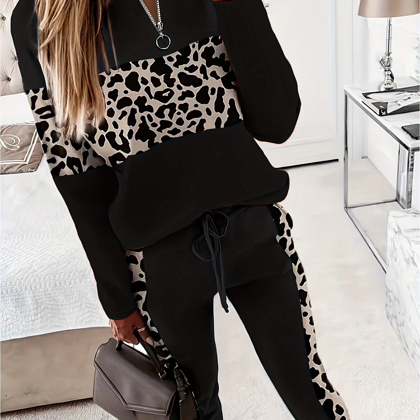 Løveprint Patchwork To-delt Sæt - Trendy Langærmet Top & Bukser