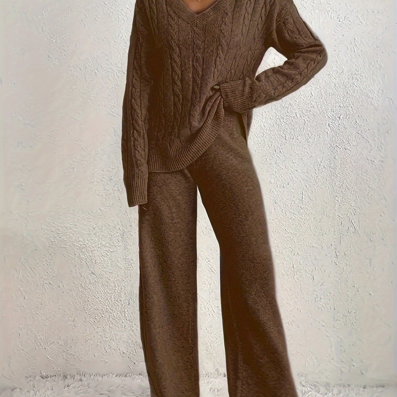 V-Hals Sweater og Vidde Bukser To-Delt Sæt - Fashionable & Casual