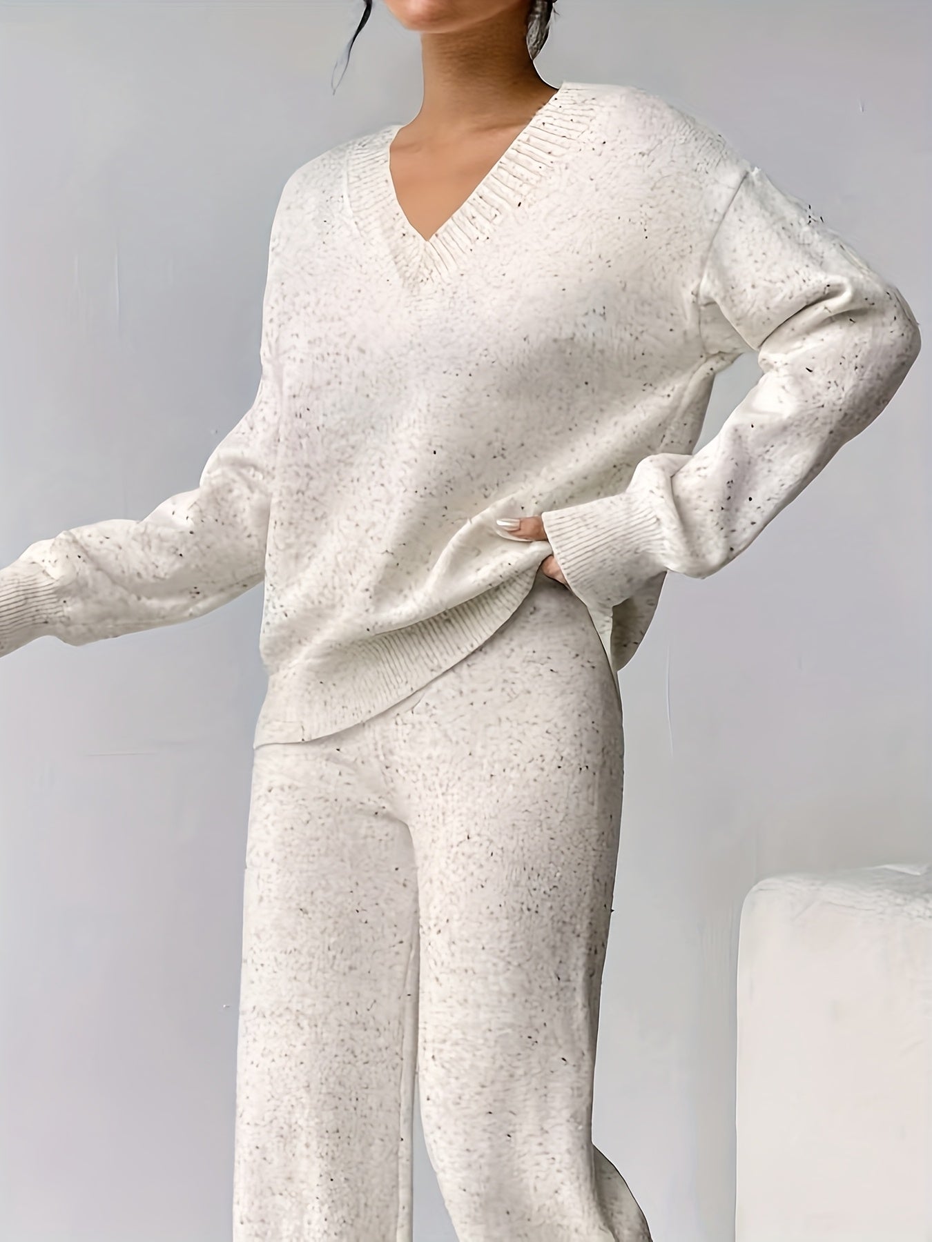 V-Hals Polka Dot Sweater Sæt - Casual To-delt til Efterår & Vinter