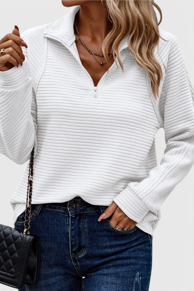 Helene | Sweater med V-hals og Lynlås og Lange Ærmer