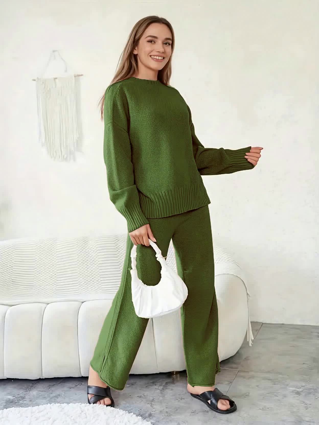 Elegant Seed Stitch Sweater Sæt - Drop Shoulder