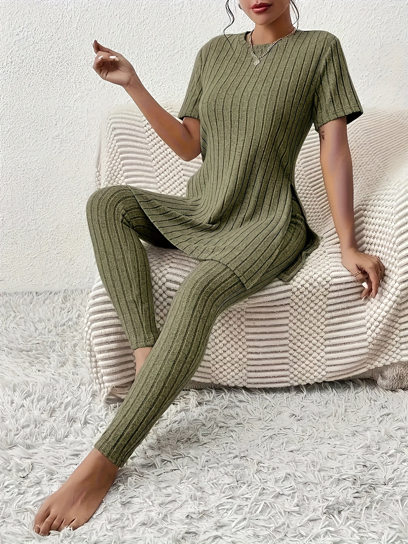 Loungewear Sæt med Splits og Højtaljede Skinny Bukser - Forår & Efterår