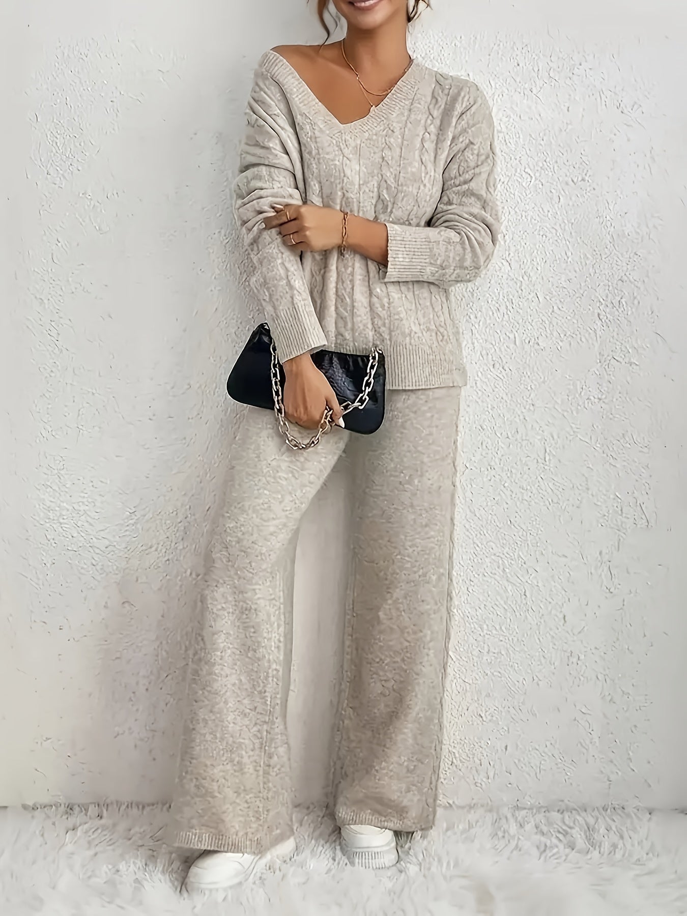 V-Hals Sweater og Vidde Bukser To-Delt Sæt - Fashionable & Casual