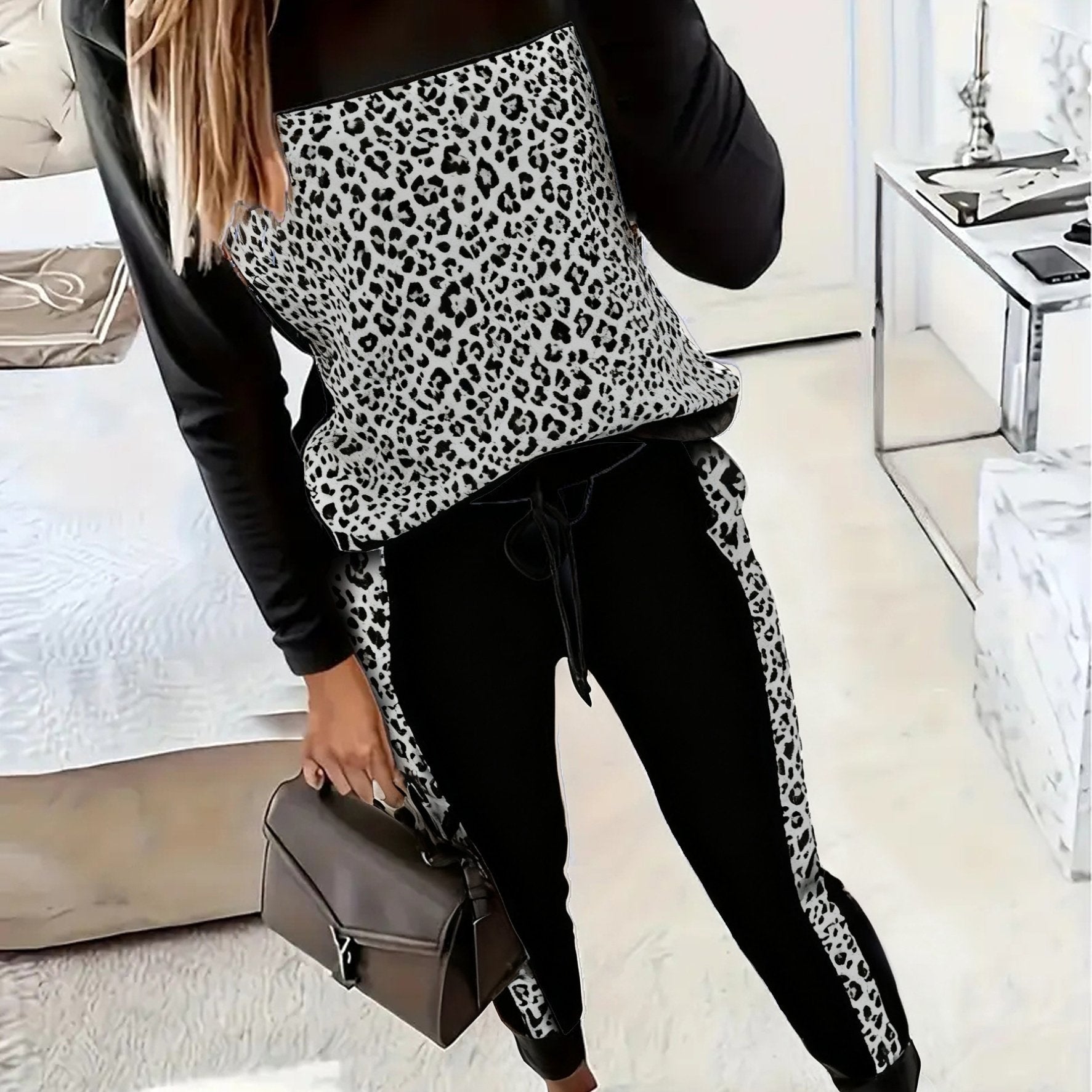 Casual Leopardprint Sæt - T-Shirt med Lange Ærmer og Bukser | Alle Sæsoner