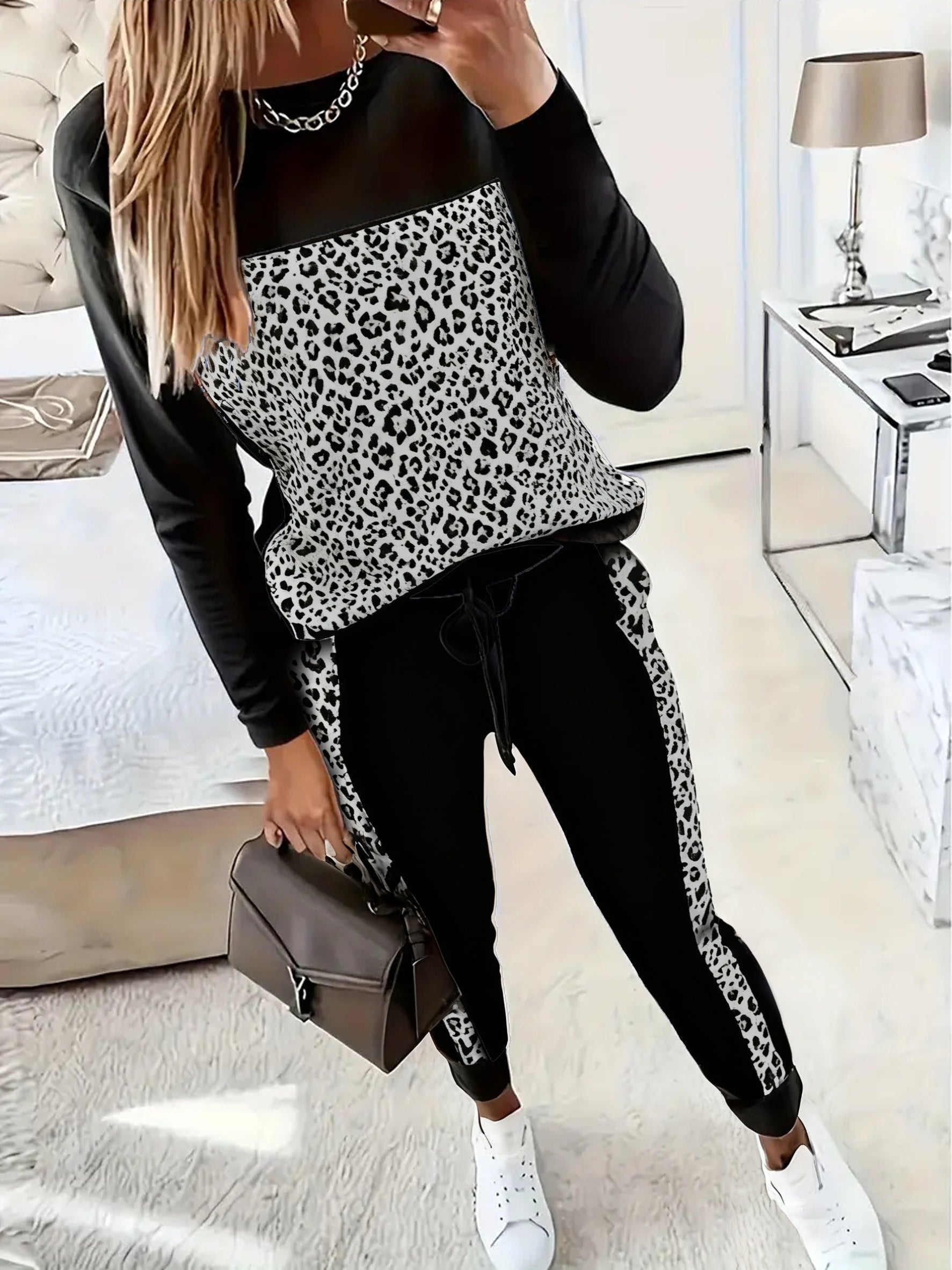 Casual Leopardprint Sæt - T-Shirt med Lange Ærmer og Bukser | Alle Sæsoner