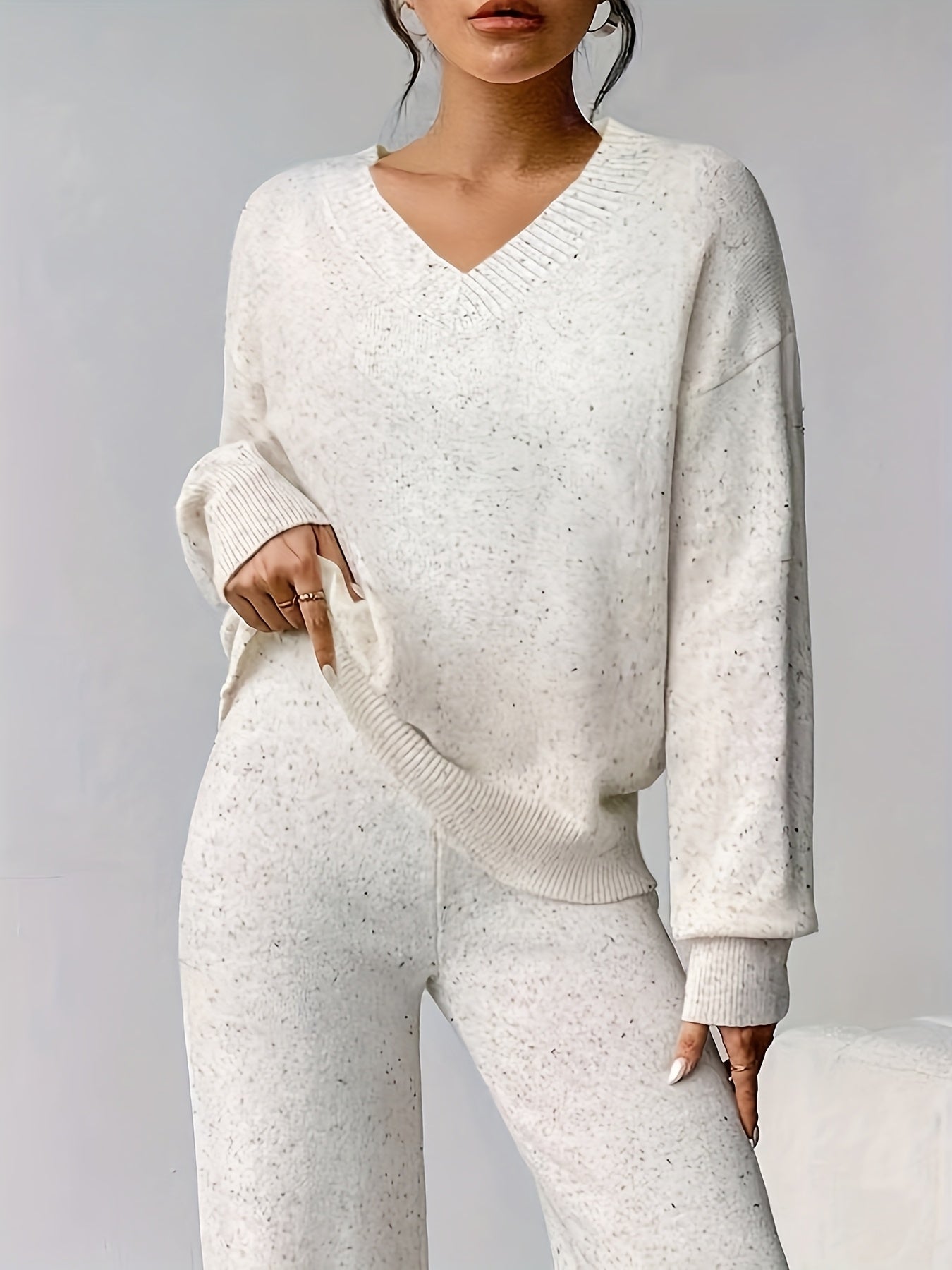 V-Hals Polka Dot Sweater Sæt - Casual To-delt til Efterår & Vinter