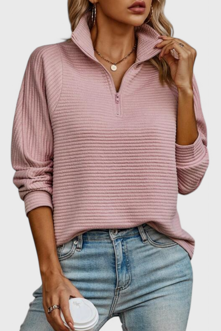 Helene | Sweater med V-hals og Lynlås og Lange Ærmer