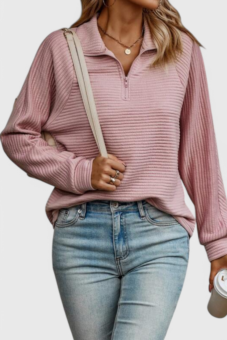 Helene | Sweater med V-hals og Lynlås og Lange Ærmer