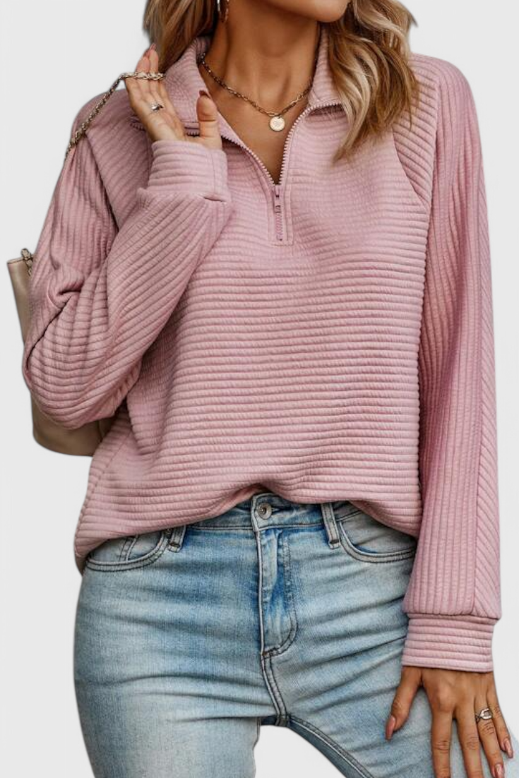 Helene | Sweater med V-hals og Lynlås og Lange Ærmer