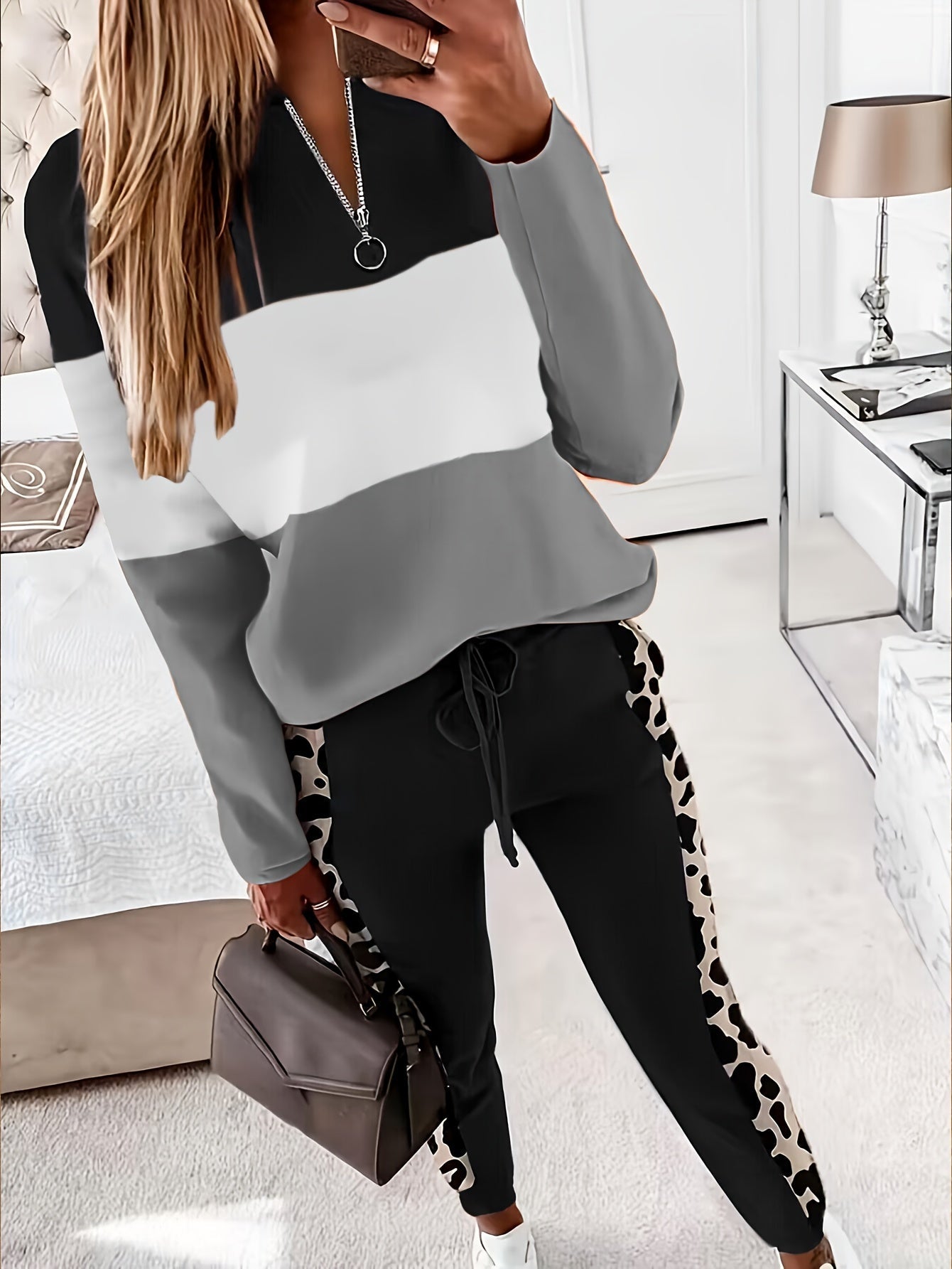 Løveprint Patchwork To-delt Sæt - Trendy Langærmet Top & Bukser