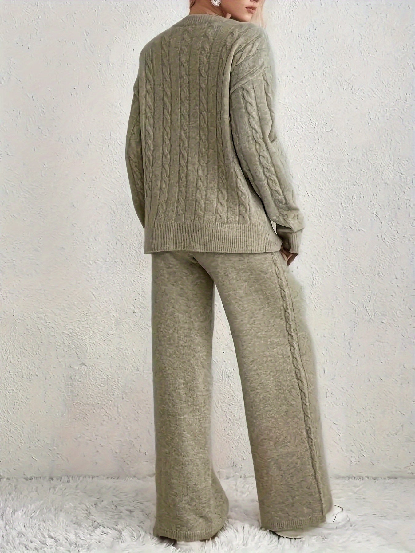V-Hals Sweater og Vidde Bukser To-Delt Sæt - Fashionable & Casual