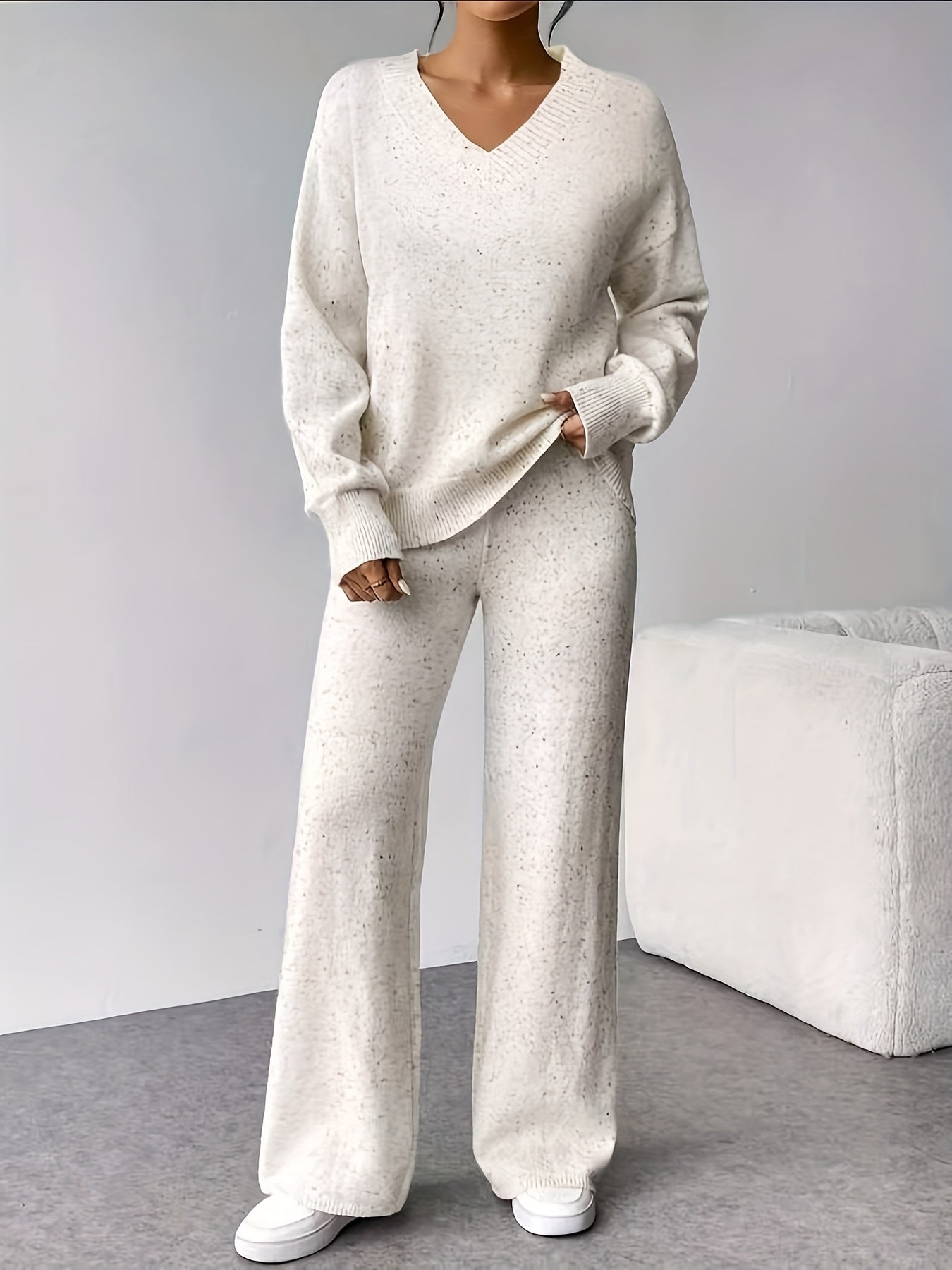 V-Hals Polka Dot Sweater Sæt - Casual To-delt til Efterår & Vinter