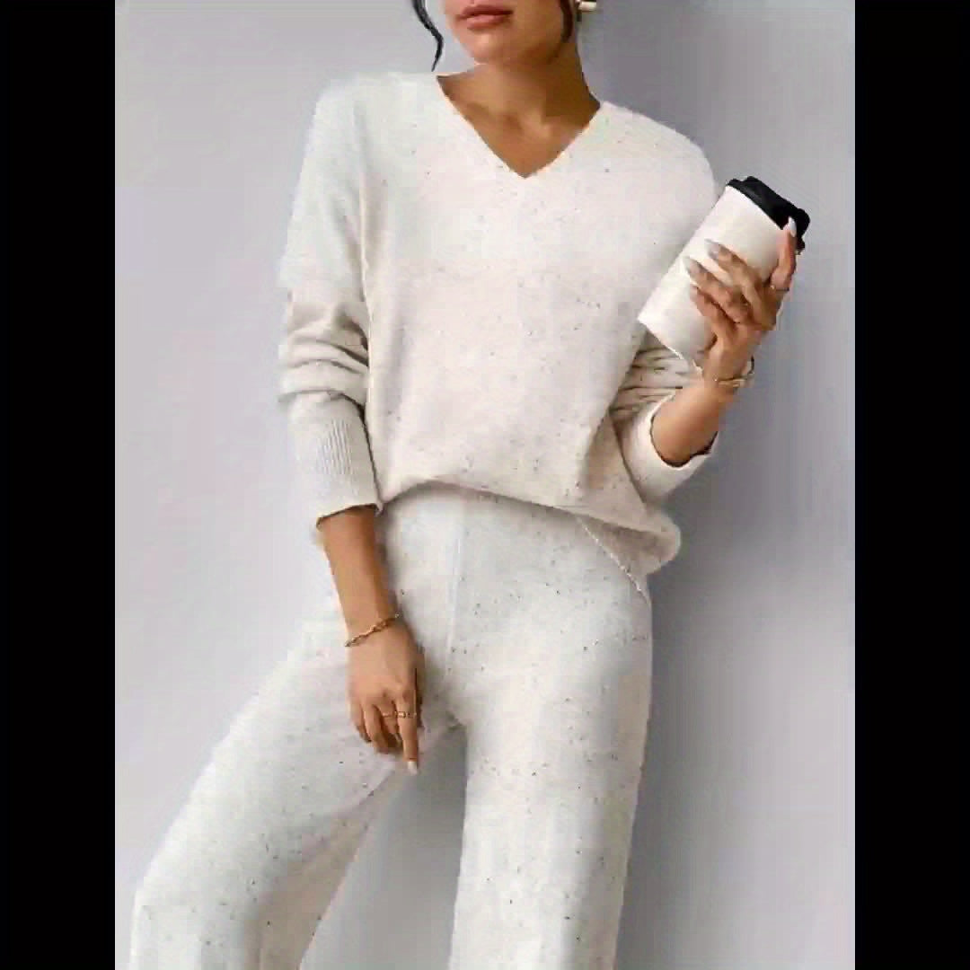 V-Hals Polka Dot Sweater Sæt - Casual To-delt til Efterår & Vinter