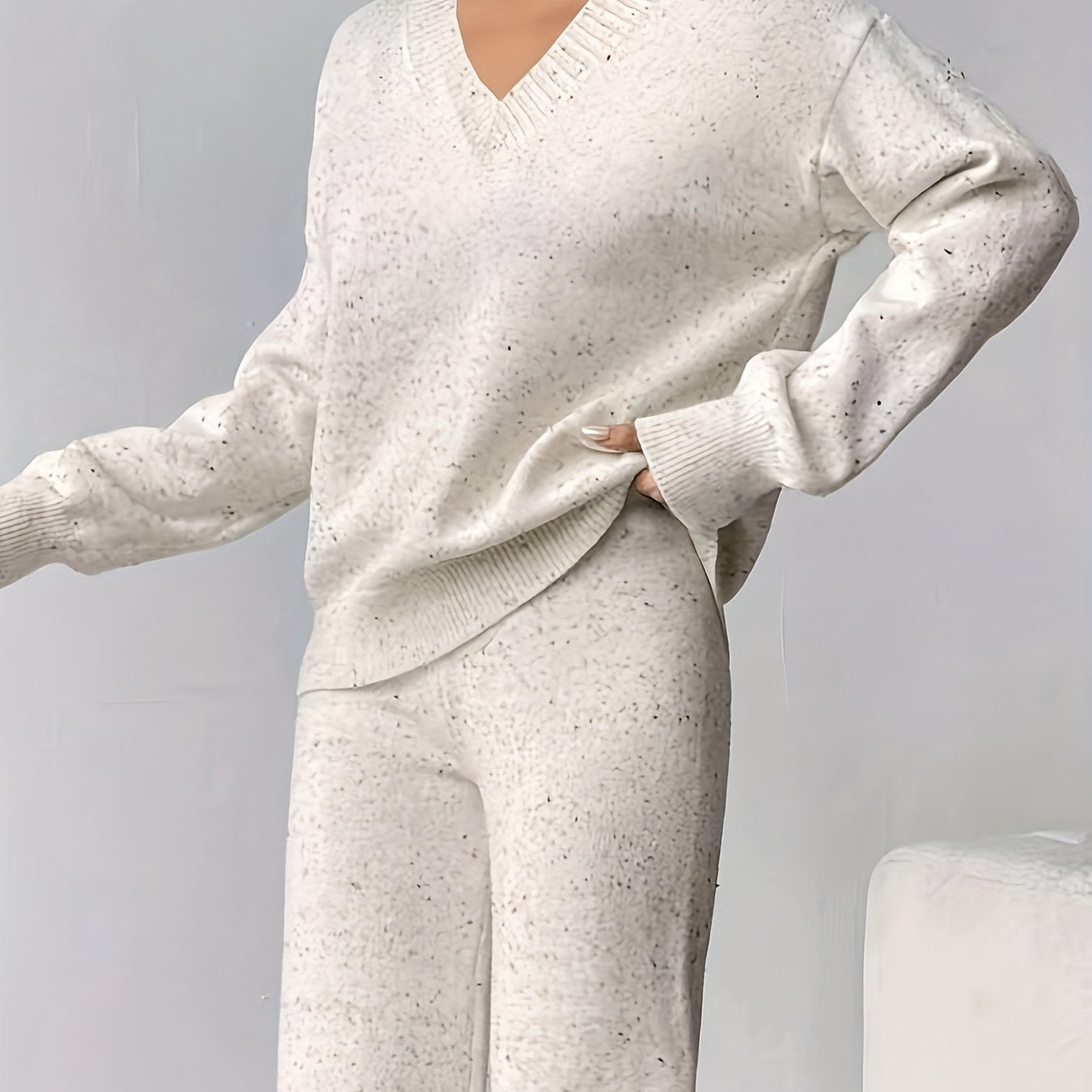 V-Hals Polka Dot Sweater Sæt - Casual To-delt til Efterår & Vinter