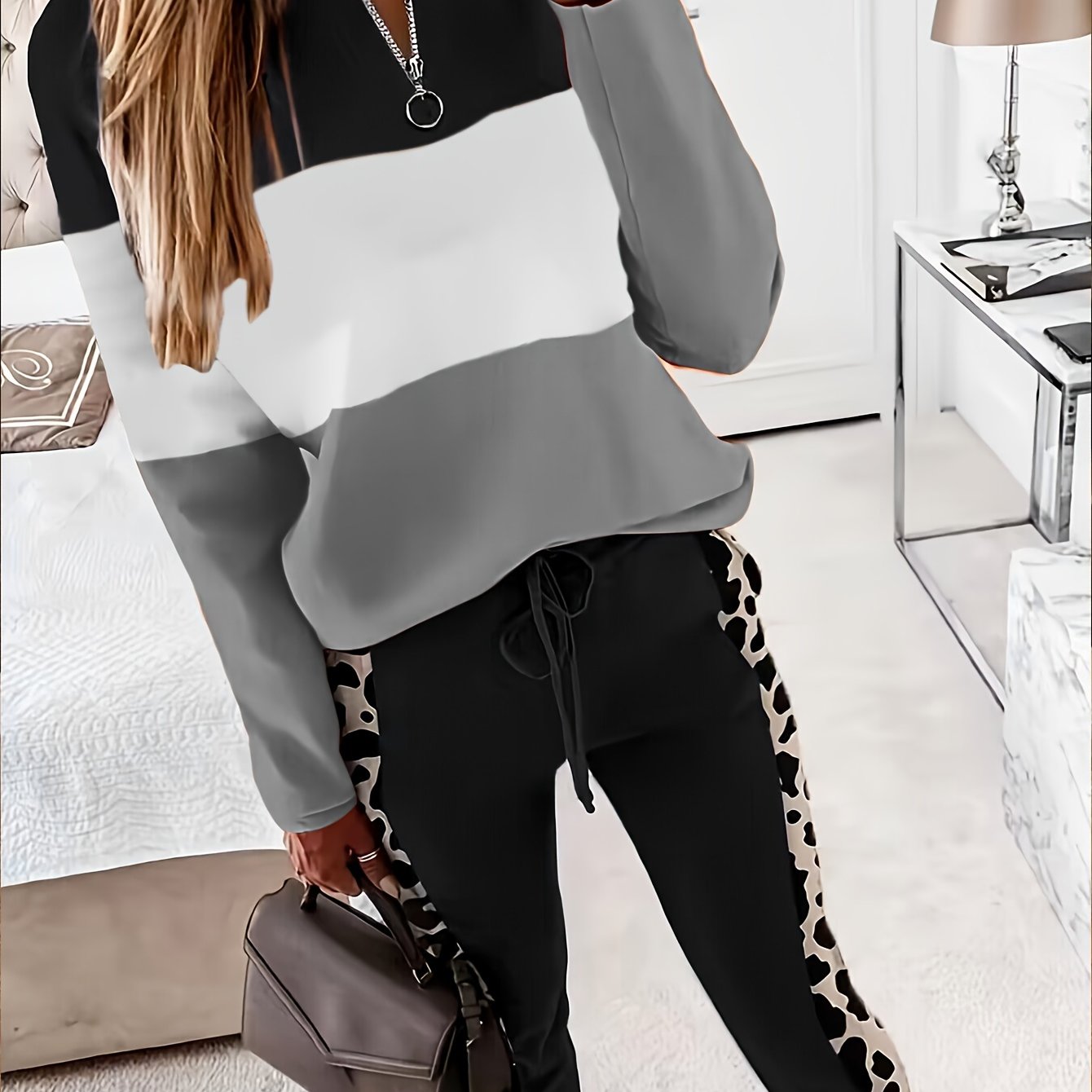 Løveprint Patchwork To-delt Sæt - Trendy Langærmet Top & Bukser