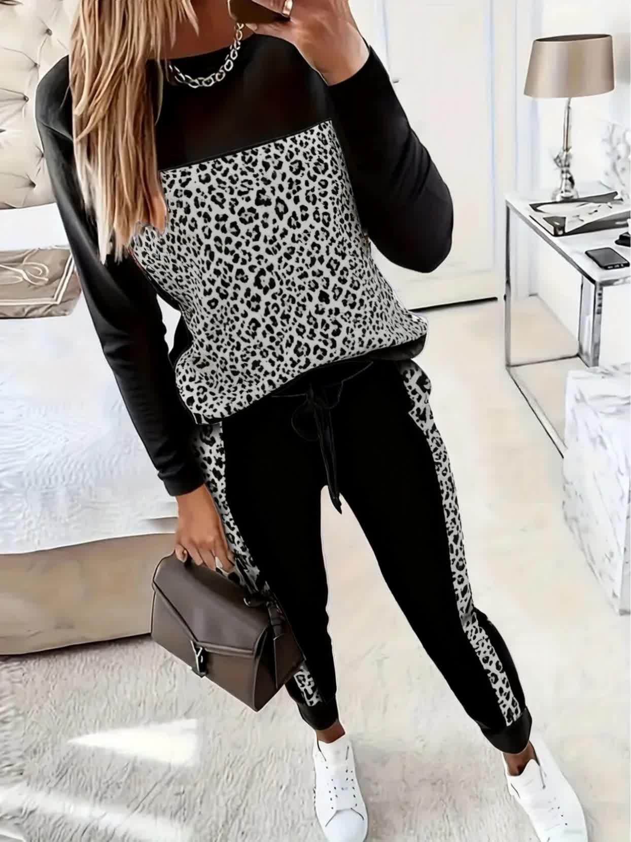 Casual Leopardprint Sæt - T-Shirt med Lange Ærmer og Bukser | Alle Sæsoner
