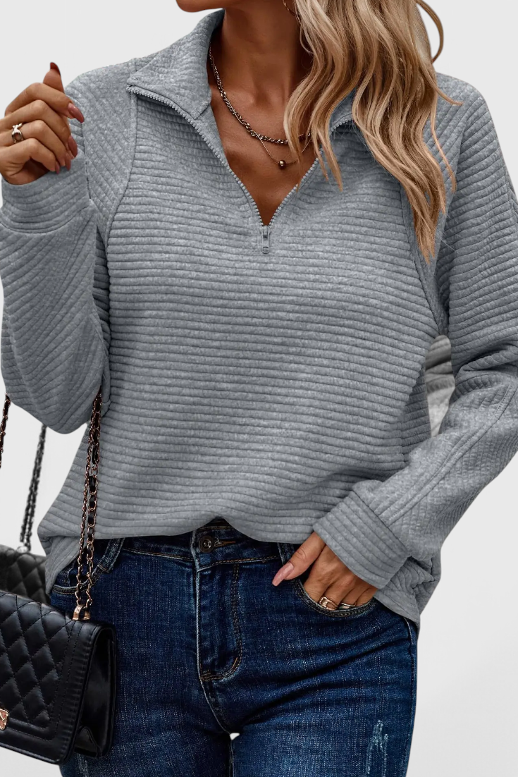 Helene | Sweater med V-hals og Lynlås og Lange Ærmer