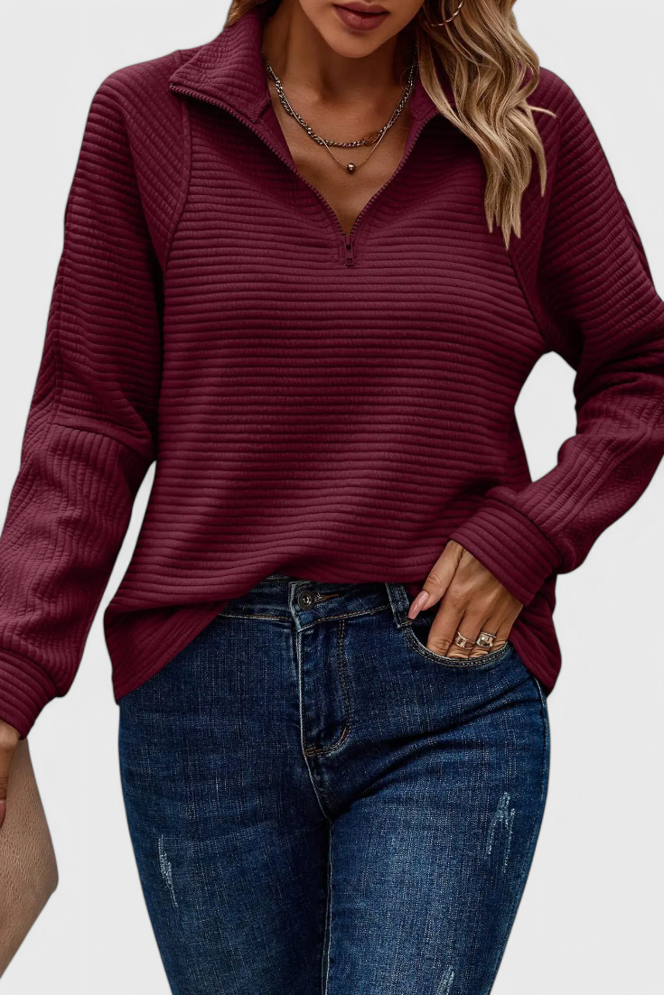 Helene | Sweater med V-hals og Lynlås og Lange Ærmer